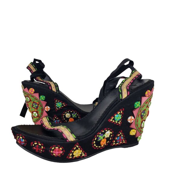 Sam Edelman Women's Black Embroidered Boho Moroccan Open Toe Ankle Tie Wedge 7.5 - Picture 1 of 12
